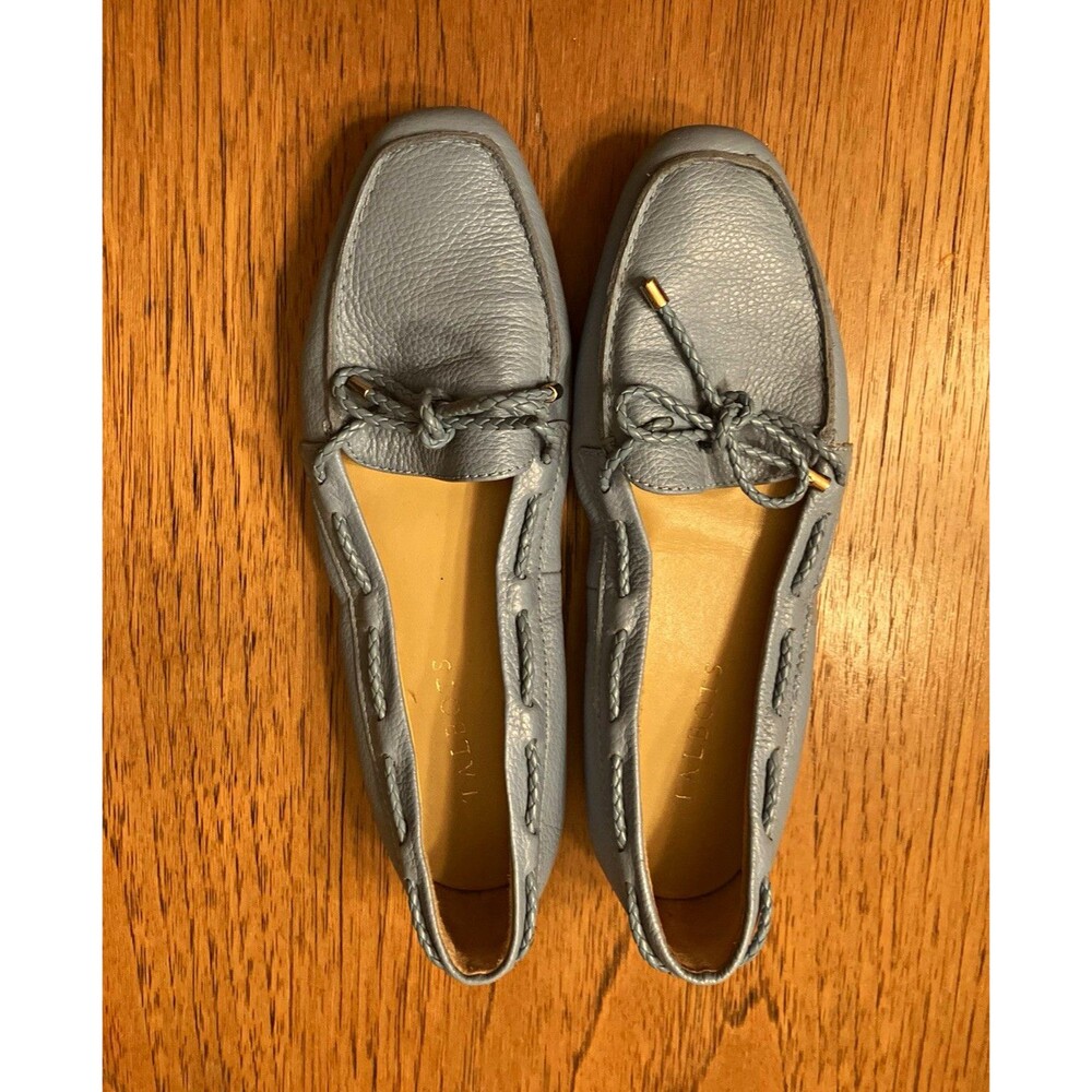 Talbots Women's 7.5 Blue Leather Loafer Flats Slip-On Bow Round Toe